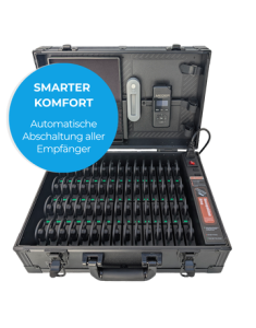 Geöffneter EasyGuide 2 Ladekoffer mit mehreren Empfängern und Hinweis auf automatische Abschaltung aller Empfänger